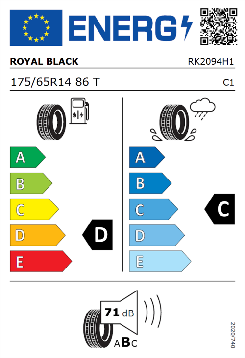 Tyre Label for Royal Black Royal Mile 175/65R14 86T