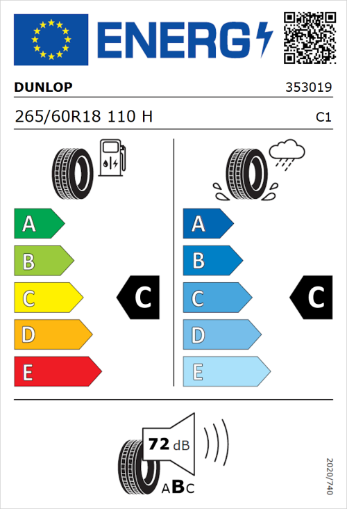 Tyre Label for Dunlop Grandtrek AT20 265/60R18 110H